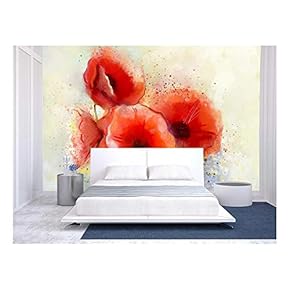 Water Color Red Poppy Flowers Painting. Flowers in Soft Color and Blur Style for Background. Vintage Painting Flowers - Removable Wall Mural | Self-Adhesive Large Wallpaper - 66x96 inches