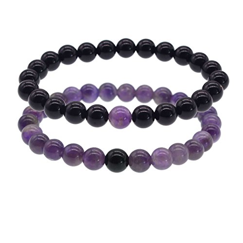 ZHEPIN 8MM Couple Bracelets Amethyst & Black Agate Ctystal Healing Womens Beaded Bracelet Love Bracelet Set