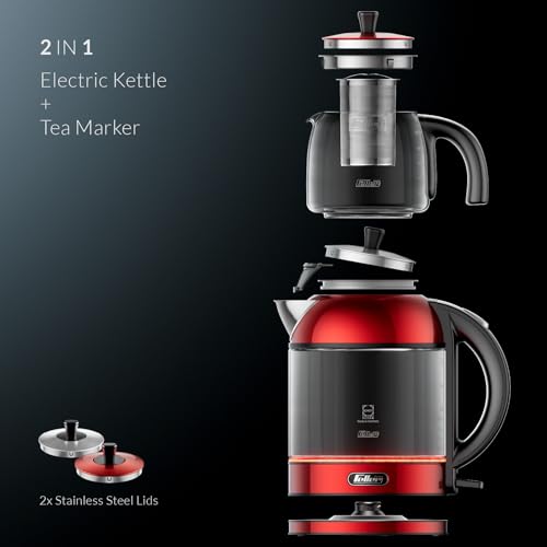Feller Germany TS289 2-in-1 Tea Maker, 2L German Schott Glass Kettle + 1L Teapot, 2200W Strix Control, Keep Warm, BPA Free, Stainless Steel Filter (Red)