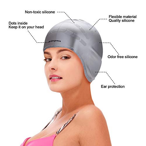 Msicyness Swim Cap Cover Ears for Long Hair 100% Silicone Swimming Hat Unisex Adult Kids Swimming Pool Caps Reduce Water Intake Makes Your Hair Clean - Thumbnail 2
