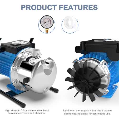 FOTING 1.6HP Shallow Well Pump, Portable Shallow Garden Pump 1600GPH, Stainless Steel Water Transfer Pump for Lawn Farm Garden, Light Blue