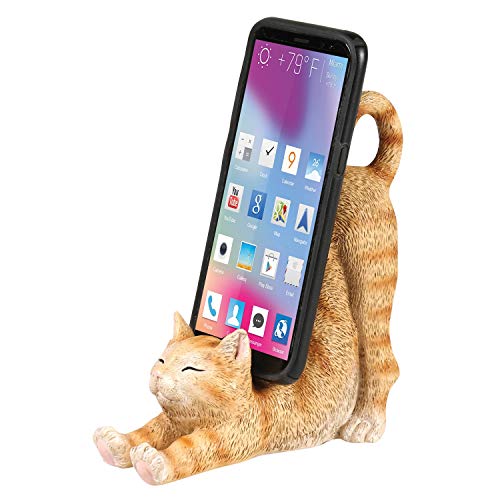 What On Earth Cat Mobile Phone Holder - Sculpted Resin Kitty Shaped Cellphone Stand - 6" L - Orange Tabby Cat