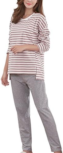 More4moms Womens 2 In 1 Nurisng Pajamas/PJS Cotton Striped Maternity Nursing Sleepwear Sets (Khaki, Small)
