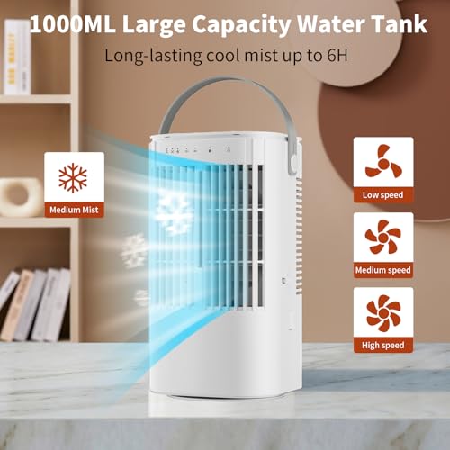 Portable Air Conditioner,1000ML Air Conditioning with Quiet Cool Mist, 7-Color Night Light, 120° Oscillation & Timer, for Bedroom, Car, Office