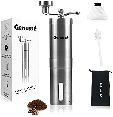 Genuss Manual Coffee Grinder Adjustable Burr Coffee Grinder Portable French Press Coffee Maker Espresso Grinder with 2 PC Conical Ceramic Burr and Cleaning Brush
