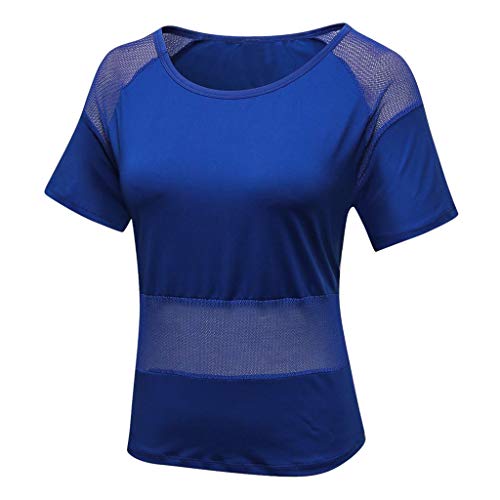 Respctful✿Womens Sport Tops Short Sleeves Mesh Fishnet T-Shirt Yoga Tops Gym Clothes Workout Running Shirts Blue