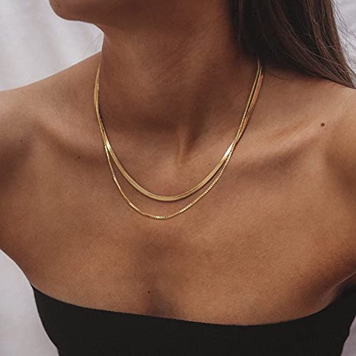 UHIBROS Layered Necklace for Women, 14K Gold Plated S925 Sterling Silver Snake Chain Necklace, Dainty Choker Necklace for Teen Girls