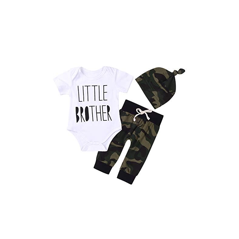 MEKILYN 3Pcs Baby Boys Little Brother Camouflage Romper Tops+Pants Leggings+ Hat Outfits Set