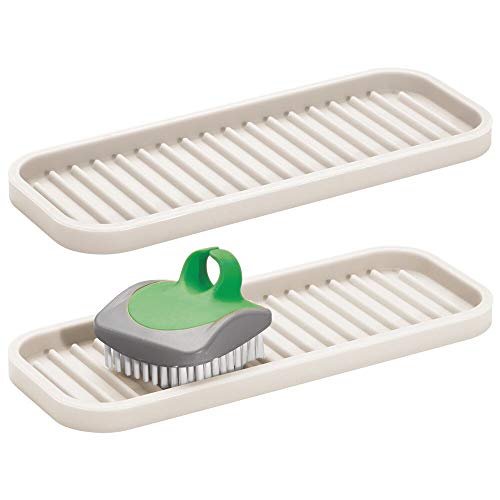 mDesign Silicone Kitchen Sink Storage Organizer Holder Tray for Sponges, Soaps, Scrubbers - Ribbed Base, Quick Drying, Waterproof, Non-Slip Durable, 2 Pack - Cream