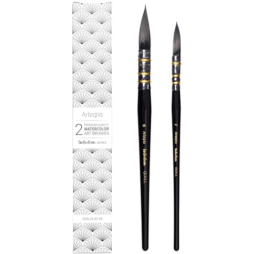 ARTEGRIA Watercolor Brush Set Sizes 2, 6 Round Quill Fine Tip Mop Brushes, Soft Synthetic