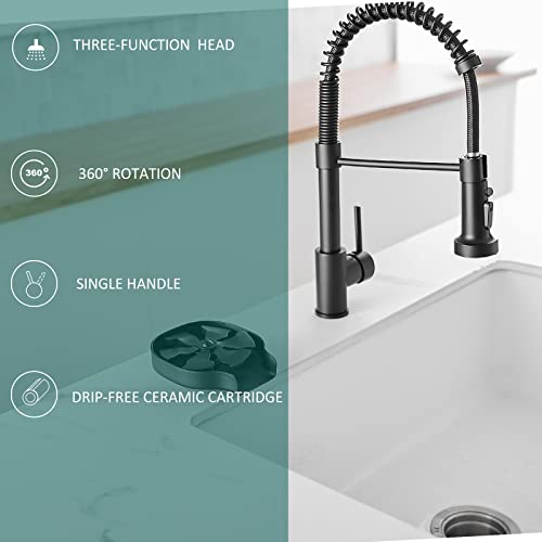 Hoimpro Matte Black Spring Kitchen Faucet with Pull Down Sprayer, Rv