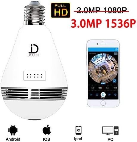 JANEDI WiFi Bulb Camera 360 Degree Panoramic IR Motion 3.0MP 1536P HD Wirless Hidden Camera Light and Infrared Night Vision for Home Security Systems