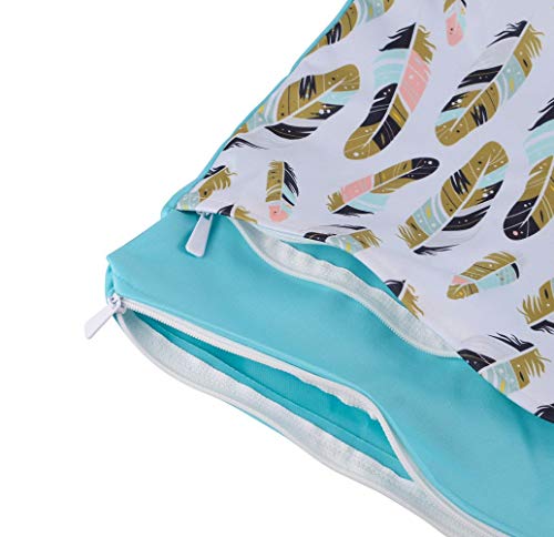 2pcs Cloth Diaper Wet Dry Bags Waterproof Reusable with Two Zippered Pockets Travel Beach Pool Daycare Soiled Baby Items Yoga Gym Bag for Swimsuits or Wet Clothes (Feather & Cacuts) - Thumbnail 3