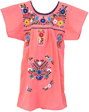 Embroidered Puebla Mexican Dress for Girls, Handmade Traditional Mexican Dress for Girls, Cotton Floral Girls Mexican Dress