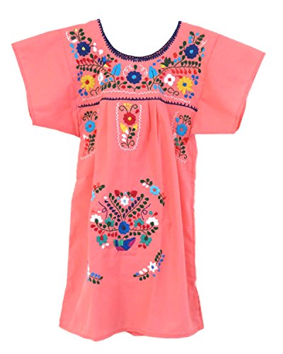 Embroidered Puebla Mexican Dress for Girls, Handmade Traditional Mexican Dress for Girls, Cotton Floral Girls Mexican Dress