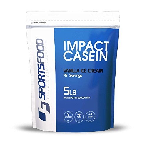 Sports Food Impact Casein - Pure Micellar Casein Powder (Vanilla Ice Cream, 5 lbs) Low Carb & Sugar Free - 100% Slow Digesting Milk Protein - 88% Protein per Scoop - Only 5 Key Ingredients