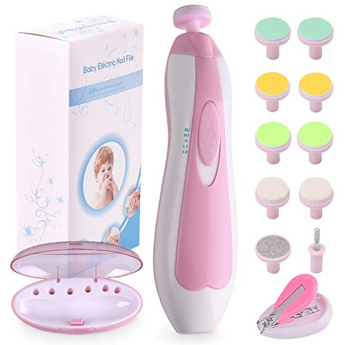 Baby Nail File Electric Nail Trimmer Manicure Set with Nail Clippers, Toes Fingernails Care Trim Polish Grooming Kit Safe for Infant Toddler Kids or Women, LED Light and 10 Grinding Heads, Pink/White