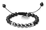 Bella.Vida Mens Womens Bracelet 8mm Natural Lava Stones Black Obsidian and Hematite Bead Therapy Adjustable Braided Bracelet with Lotus Charm