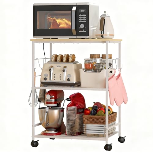 DAYONG Rolling Microwave Cart, 3-Tier Kitchen Storage Rack with Wheels, Mobile Shelving Unit Organizer Utility Cart for Small Spaces, Kitchen, Living Room, Balcony, Coffee Bar, Office (White)