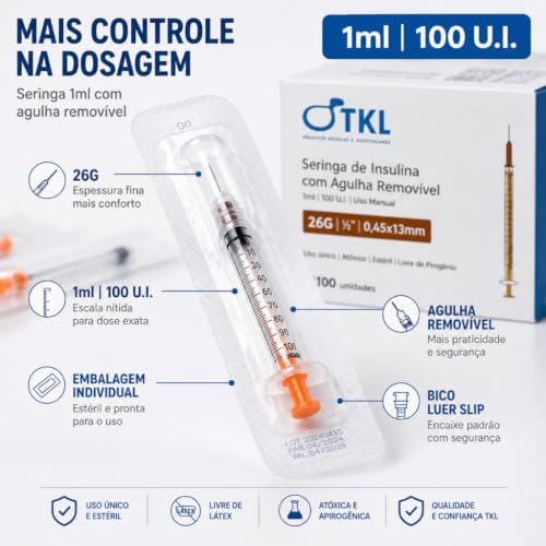 Seringa para Insulina 1ml com Agulha 13x0,45mm 26G, 100 Unidades