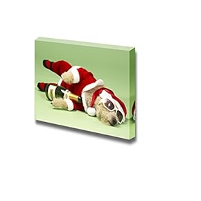 Canvas Prints Wall Art - Samll Dog in Santa Costume Lying Down with Champagne and Shades - 12" x 18"