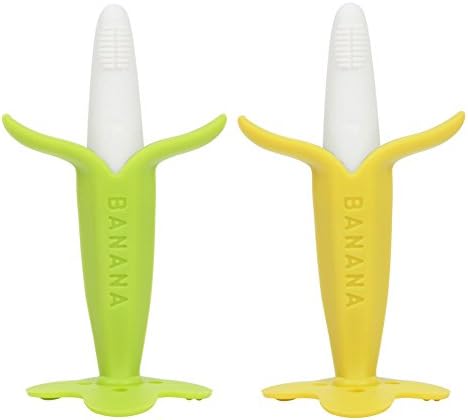 Baby Toothbrush Banana Teether Teething Toys Chewable Silicone Teethers with Standing Base BPA-Free FDA Approved (Green + Yellow)