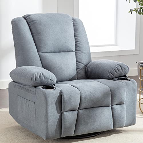 INZOY Swivel Rocker Recliner Chair, Manual Nursery Rocking Recliner Chair with 2 Cup Holder, 360 Degree Swivel Glider Recliner, Soft Fabric Overstuffed Reclining Chair Home Theater Seat, Blue