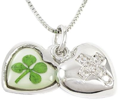 Real Four-Leaf Clover Sterling Silver Pendant Necklace, 18", Open Heart Cross Locket