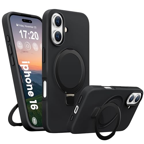 BENTIACC Soft Liquid Silicone Case for iPhone 16 with Magnetic Invisible Stand, Military Grade Shockproof Protection, Anti-Scratch Microfiber Lining Covers for iPhone 16, Black