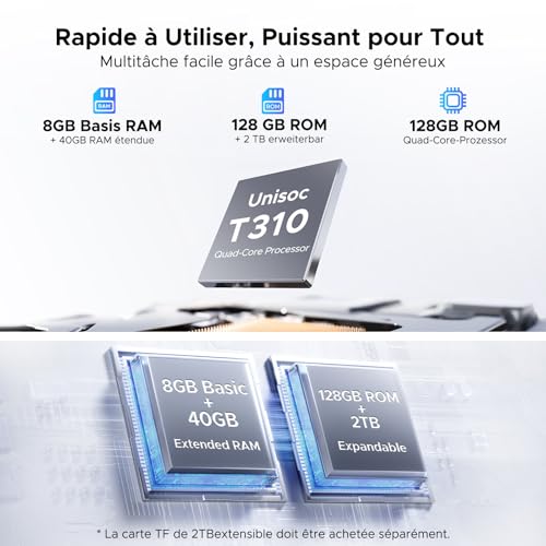 P10 Android 16 Tablette 10 Pouces, 48Go RAM+128Go ROM/2To TF, Gemini AI, 90Hz, 7000mAh, WiFi 5, Face ID/OTG/Widevine L1/Jack 3,5 mm, Tablette avec Clavier et Stylet