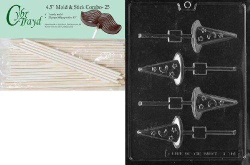Cybrtrayd 45St25-H114 Witch's Hat Lolly Halloween Chocolate Candy Mold with 25 4.5-Inch Lollipop Sticks