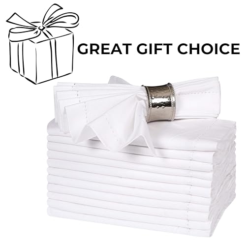 BEDDING CRAFT Set of 12 Cotton Cloth Dinner Napkin 18x18 White with Hemstitched Mitered Corners – Perfect for Wedding Dinner Parties and Table Decorations, Cloth Napkins