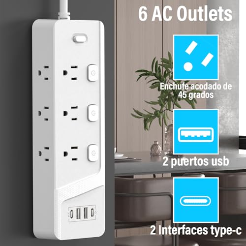 KIROGILY Multicontacto Regleta Extension Electrica con Protector Supresor de Picos Voltaje, Enchufe Plano, 1.8 M, 6 Tomas de Ca y 4 USB (2 USB-C), Sleek Socket, Excelente para Oficina y Hogar
