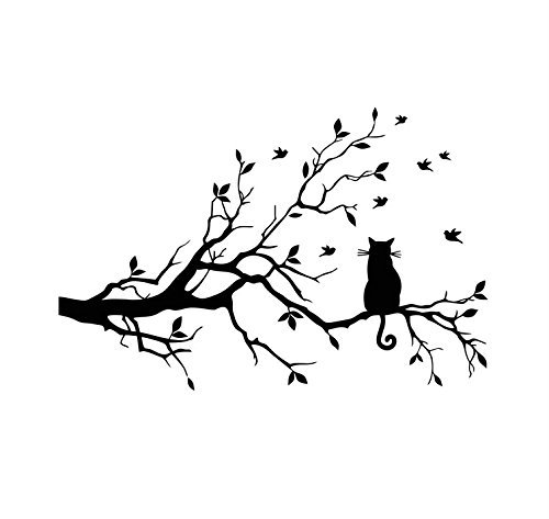 CUGBO Cat On Long Tree Branch Wall Decal Cat Window Art Sticker Removable DIY Vinyl Rooms Home Decor,Black
