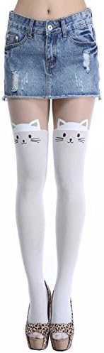 Siftantin Womens Cute Pattern Faux Thigh High Pantyhose (One Size, whiteCat)
