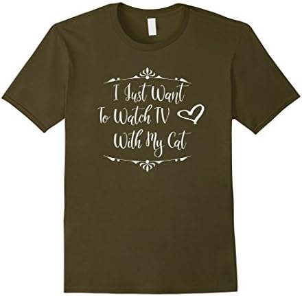 Mens Watch TV With Cat Funny Animal T-Shirt White Text Medium Olive
