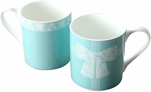 Coffee Mug Set of 2 Fine Bone China - Tiffany Blue Lace Bow Pattern - Unique Gift for Wedding, Anniversary, Engagement, Valentine’s Day, Birthday and Holiday