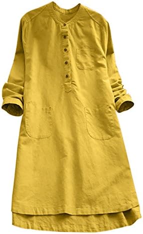 Kalinyer Women Loose Linen Dresses, Ladies Retro Long Sleeve Casual Round Collar Button Tunics Tops Blouse Shirt Dress
