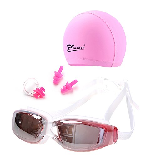 5 PCS Swimming Gear Set- Electroplating Mirror Swimming Goggles, Ear Plugs, Nose Clip, Swim Cap, Protection Case-Anti-fog UV Protection Wide View Swimming Goggles for Men Women Youth Children (Pink) - Thumbnail 4