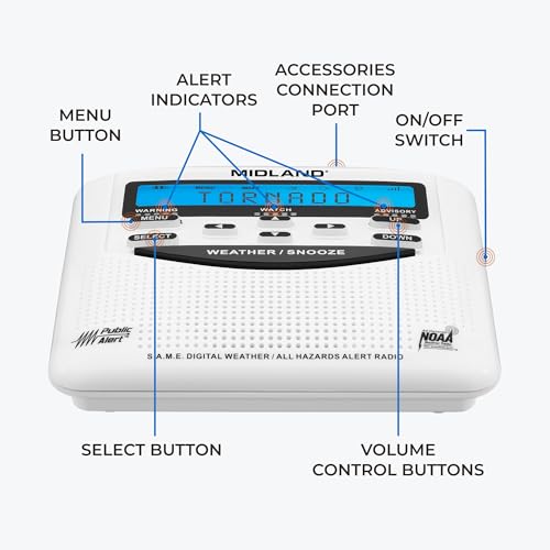 Midland - WR120B - NOAA Emergency Weather Alert Radio - Localized Programming, Trilingual Display, 60+ Emergency Alerts, Alarm, Selectable Alert Tone