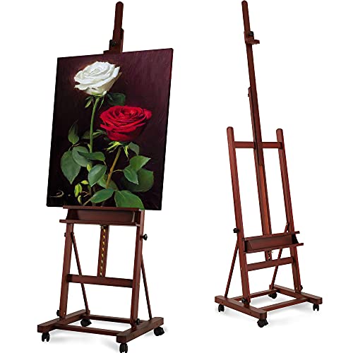 VISWIN Extended Large H-Frame Easel for Painting, Adjustable Beech Wood Artist Easel Stand with 4 Wheels & Storage Tray, Foldable Art Easel Floor for Adults, Hold Canvas up to 93