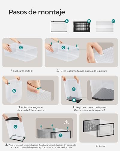 SONGMICS Cajas de Zapatos Plástico, Juego de 12 Organizadores de Almacenamiento, Caja Zapatero Plástico Plegable y Apilable para Zapatillas hasta talla 44, Transparente y Negro MLSP006B12