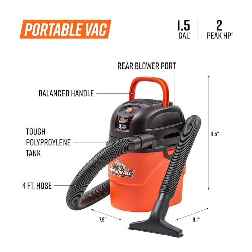 Armor All® AA155 1.5-Gallon 2 Peak HP Portable Wet/Dry Vacuum, Orange photo 9