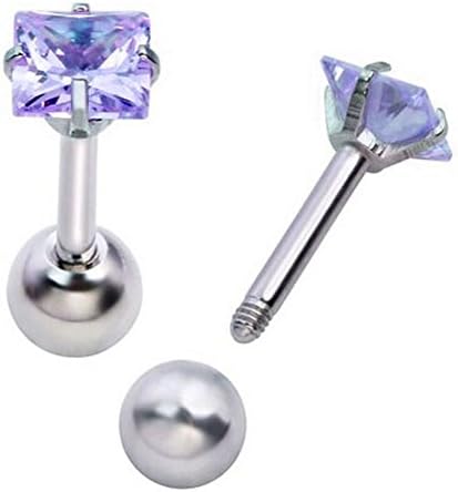 Pair of 18g Stainless Steel Pin 5mm Round Cubic Zirconia Helix Cartilage Tragus Ear Lobe Barbell Stud Earrings (5mm Square Amethyst)