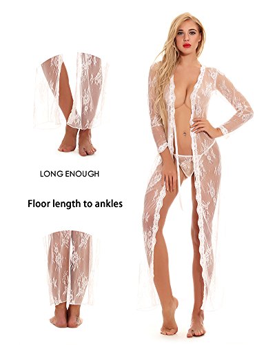 cunlin Women Sexy See Through Lace Gown Kimono Cover Up Sleepwear Set Plus Size Dress Maternity Pregnant Robe White XL
