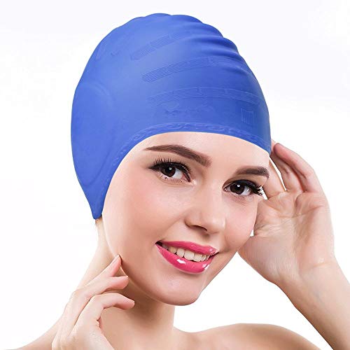 Xiaoai Swimming Cap, Waterproof Silicone Unisex Swimming Hat Long Hair Hat with Ear Cover for Women and Men for Water Sports (Blue) - Thumbnail 3