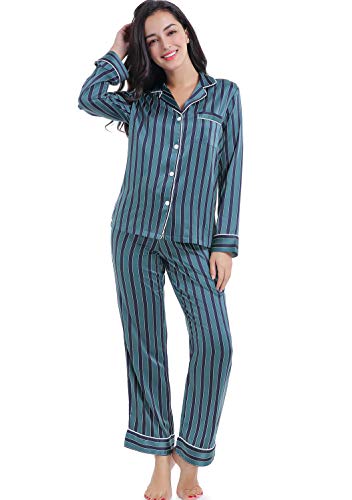 Serenedelicacy Women's Silky Satin Pajamas Long Sleeve PJ Set (Medium / 8-10, Stripe Deep Jungle Navy)