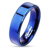 STR-0026 Blue IP Over Stainless Steel Beveled Edge Flat Band Ring; Comes With Free Gift Box