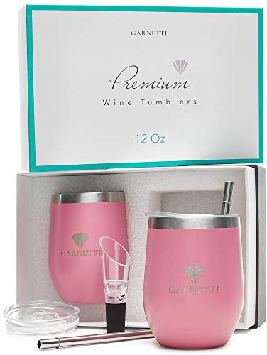 Wine Tumbler - Set of 2 - Insulated Wine Glasses with Bonuses - Premium Present Box - Splash Resistant Lid, Stainless Steel Straws, Wine Aerator in Crimson Red by Garnetti