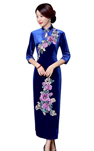 ACVIP Women's Flower Embroidered Half Sleeve Velvet Evening Chinese Dresses Cheongsam Qipao